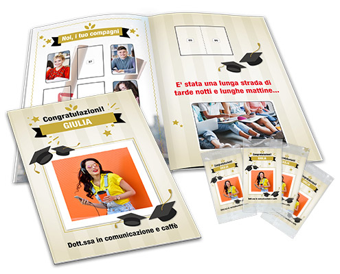 Original graduation gift idea, an album of customizable stickers, open, with packets