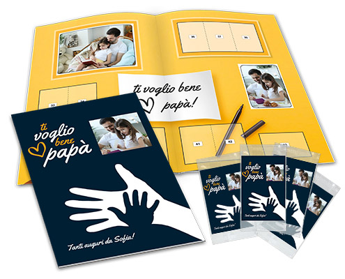 Father's Day gift idea, personalized sticker album, opened with packets
