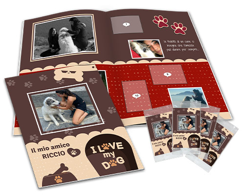 open photo album with stickers of your dog complete with cover and packets